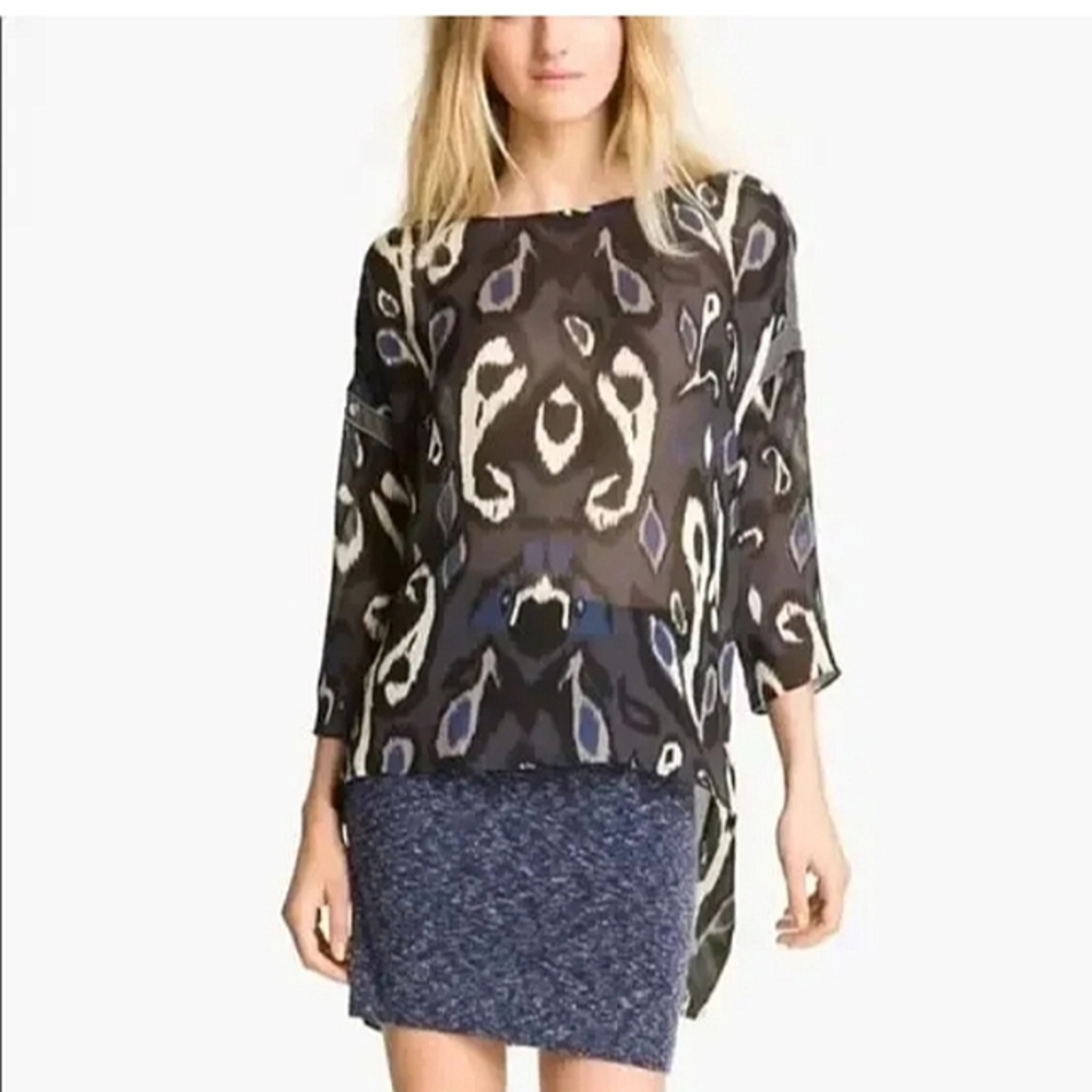 Rag & Bone Printed Blue Mithi 100% Silk 3/4Sleeve Oversized Semi Sheer Top  XS